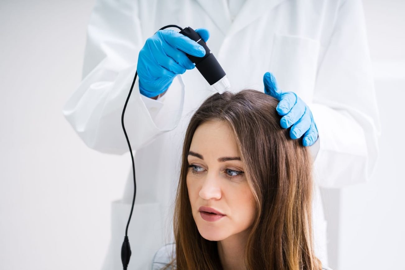 Dermatologist performing hair loss treatment examination using a scalp analysis device on a female patient